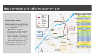 Bus operations and traffic management plan
PMPML Special Routes
Special midi-bus routes were organised to
make access easier to Lakshmi road. Midi-
buses ferried from Swargate, Deccan and
PMC - Important nodes
a. Route 1: Deccan Bus stand -
Kumthekar road - Umbrya Ganapati -
Lakshmi road - Deccan Bus stand
b.Route 2: Swargate - Tilak road - Alka
Talkies - Kumthekar road - Swargate
c.Route 3: PMC - Shivaji road - Nagarkar
Talim chowk - Bajirao road - PMC
This routes were in addition to the normal
PMPML routes mentioned in the map
 