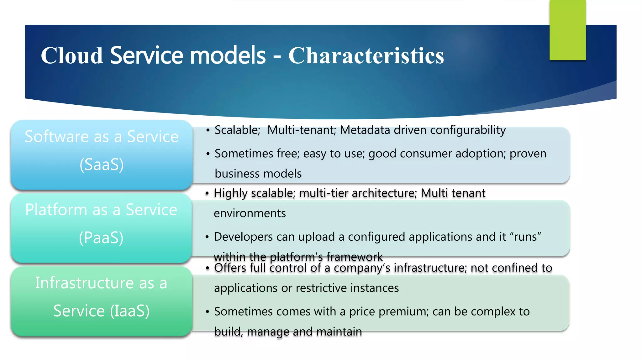 Cloud Service models - Characteristics
• Scalable; Multi-tenant; Metadata driven configurability
• Sometimes free; easy to use; good consumer adoption; proven
business models
Software as a Service
(SaaS)
• Highly scalable; multi-tier architecture; Multi tenant
environments
• Developers can upload a configured applications and it “runs”
within the platform’s framework
Platform as a Service
(PaaS)
• Offers full control of a company’s infrastructure; not confined to
applications or restrictive instances
• Sometimes comes with a price premium; can be complex to
build, manage and maintain
Infrastructure as a
Service (IaaS)
 