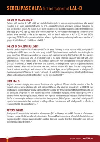 10
IMPACT ON TRANSAMINASE
Patients with baseline ALT ≥1.5 x ULN were included in the study. In patients receiving sebelipase alfa, a rapid
reduction in ALT levels was reported within the ﬁrst 4 weeks of treatment, which was sustained throughout the
core and extension phases. No change in ALT levels was seen in the placebo group compared with the sebelipase
alfa group (p<0.001) after 20 weeks of treatment; however, ALT levels rapidly followed the same trend when
patients were switched to the active treatment, with an overall reduction in ALT of 53.3% and 51.2%,
respectively.20,26 ALT level response to sebelipase alfa was signiﬁcant compared with placebo across baseline ALT
groups stratiﬁed into ALT <3 x ULN and ≥3 x ULN.27
IMPACT ON CHOLESTEROL LEVELS
A similar trend as observed for ALT was reported for LDL levels. Following an initial increase in LDL, sebelipase alfa
steadily reduced LDL levels over the entire study period.26 Despite continuous small reductions in the placebo
group, signiﬁcant diﬀerences were observed between both treatment arms (p<0.001) at Week 20. Once patients
were switched to sebelipase alfa, LDL levels decreased to the same extent as previously observed with active
treatment in the ﬁrst 20 weeks. Levels of HDL increased signiﬁcantly with sebelipase alfa compared with placebo
(p<0.001) in the ﬁrst 20 weeks, after which they stabilised. No changes were reported in patients receiving
placebo. However, when switched to active treatment, patients achieved HDL levels that were comparable to
those of patients receiving active treatment in the core phase. Again, serum lipids responded to sebelipase alfa
therapy independent of baseline ALT levels.27 Although LDL and HDL levels were improved, the eﬀect of sebelipase
alfa on cardiovascular morbidity and mortality has not been established.26
LIVER HEALTH
Magnetic resonance imaging assessments demonstrated a signiﬁcant diﬀerence in the reduction of liver fat
content achieved with sebeliapse alfa and placebo (32% and 4% reduction, respectively; p<0.001).20 Liver
steatosis was assessed by liver biopsy. Signiﬁcant diﬀerences (p=0.0184) were reported between the placebo and
the sebelipase alfa groups for both outcome categories (worsened or improved). In the placebo group, 50% of
patientsshowedworseningofsteatosis,whereas50%reportedimprovementsdeﬁnedasanabsolutedecreaseof
5% fat in haematoxylin- and eosin-stained sections. In comparison, 94% of patients treated with sebelipase alfa
reported improvements for liver steatosis, providing evidence that treatment with sebelipase alfa is eﬀective in
reversing the LAL-D disease phenotype.27
ADVERSE EVENTS
Sebelipase alfa was well tolerated with an adverse-event (AE) proﬁle expected for ERT. The rate of infusion reac-
tions was comparable between both treatment arms. Common AEs with sebelipase alfa included metabolism and
nutrition disorders, immune system disorders, cardiac disorders, vascular disorders, GI disorders, and skin and
subcutaneous tissue disorders.20
SEBELIPASEALFAfor the treatment of LAL-D
 