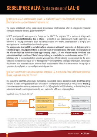9
SEBELIPASE ALFA IS A RECOMBINANT HUMAN LAL THAT COMPENSATES FOR LOST ENZYME ACTIVITY IN
PATIENTS WITH LAL-D IN ITS CAPACITY AS NOVEL ERT.
The enzyme binds to cell-surface receptors and is internalised into lysosomes, where it catalyses the lysosomal
hydrolysis of CEs and TGs to FC, glycerol and FFAs.6,20
In 2015, sebelipase alfa was approved in Europe and the USA21,22 for long-term ERT in patients of all ages with
LAL-D. The recommended starting dose in infants (< 6 months of age) presenting with rapidly progressive LAL
deﬁciency is 1 mg/kg administered as an intravenous infusion once weekly. Dose escalation to 3 mg/kg once
weekly should be considered based on clinical response.
TherecommendeddoseinchildrenandadultswhodonotpresentwithrapidlyprogressiveLALdeﬁciencypriorto
6 months of age is 1 mg/kg administered as an intravenous infusion once every other week. The total volume of
the infusion should be administered over approximately 2 hours. A 1 hour infusion may be considered after
patient tolerability is established. The infusion period may be extended in the event of dose escalation.20,21,22
Sebelipase alfa is contraindicated in patients who experience life-threatening hypersensitivity to the active
substanceorareallergictoeggoranyoftheexcipients.20 Followingtheﬁrstsebelipasealfainfusion,includingthe
ﬁrst infusion after a dose escalation, patients should be observed for 1 hour in order to monitor for any signs or
symptoms of anaphylaxis or a severe hypersensitivity reaction.
TO DATE, EIGHT STUDIES, INCLUDING NATURAL HISTORY OF LAL-D OR CLINICAL TRIALS ASSESSING SEBELIPASE
ALFA, HAVE BEEN INITIATED.11,23,24,25,26
One pivotal trial was ARISE, which was a multi-centre, randomised, placebo-controlled, double-blind Phase 3 trial
designed to assess sebelipase alfa eﬃcacy and safety in children and adults with LAL-D over 20 weeks (Figure 3).
Patients were randomised to receive sebelipase alfa (n=36) or placebo (n=30). Following the double-blind phase,
patients not already receiving sebelipase alfa were switched in a 32-week extension phase.
Figure 3. Study design of the phase III ARISE trial.26
SEBELIPASEALFAfor the treatment of LAL-D
* Excluded (n=20); inclusion criteria not met (n=17) or declined to participate (n=3)
† One patient temporarily discontinued dosing in the double-blind period, although this patient successfully restarted therapy in the open-label
extension. Two patients were excluded from per protocol analysis, one due to deviation of time window between week 18 and week 20 and one
as they received less than 9 complete double-blind study drug infusions
‡ One patient was excluded from per protocol analysis due to deviation of time window between week 18 and week 20
ENROLLMENT
(N=86)
randomisation
and allocation*
Intervention with
sebelipase alfa (N=36)
Placebo (N=30)
Open-label
treatment period (N=35)
Open-label
treatment period (N=35)
Follow up
and analysis †
Follow up
and analysis ‡
▶20 WEEKS ▶32 WEEKS
 