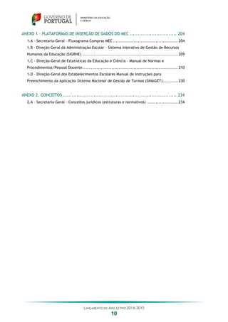 LANÇAMENTO DO ANO LETIVO 2014-2015
10
ANEXO 1 – PLATAFORMAS DE INSERÇÃO DE DADOS DO MEC .............................. 204
1.A – Secretaria-Geral – Fluxograma Compras MEC ............................................... 204
1.B – Direção-Geral da Administração Escolar – Sistema Interativo de Gestão de Recursos
Humanos da Educação (SIGRHE) ..................................................................... 209
1.C – Direção-Geral de Estatísticas da Educação e Ciência – Manual de Normas e
Procedimentos/Pessoal Docente..................................................................... 210
1.D – Direção-Geral dos Estabelecimentos Escolares Manual de Instruções para
Preenchimento da Aplicação Sistema Nacional de Gestão de Turmas (SINAGET)........... 230
ANEXO 2. CONCEITOS......................................................................... 234
2.A – Secretaria-Geral – Conceitos jurídicos (estruturas e normativos) ...................... 234
 