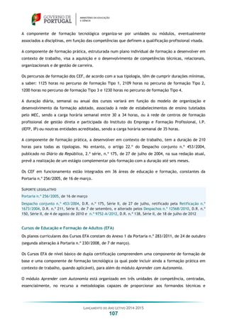 LANÇAMENTO DO ANO LETIVO 2014-2015
107
A componente de formação tecnológica organiza-se por unidades ou módulos, eventualmente
associados a disciplinas, em função das competências que definem a qualificação profissional visada.
A componente de formação prática, estruturada num plano individual de formação a desenvolver em
contexto de trabalho, visa a aquisição e o desenvolvimento de competências técnicas, relacionais,
organizacionais e de gestão de carreira.
Os percursos de formação dos CEF, de acordo com a sua tipologia, têm de cumprir durações mínimas,
a saber: 1125 horas no percurso de formação Tipo 1, 2109 horas no percurso de formação Tipo 2,
1200 horas no percurso de formação Tipo 3 e 1230 horas no percurso de formação Tipo 4.
A duração diária, semanal ou anual dos cursos variará em função do modelo de organização e
desenvolvimento da formação adotado, associado à rede de estabelecimentos de ensino tutelados
pelo MEC, sendo a carga horária semanal entre 30 a 34 horas, ou à rede de centros de formação
profissional de gestão direta e participada do Instituto do Emprego e Formação Profissional, I.P.
(IEFP, IP) ou noutras entidades acreditadas, sendo a carga horária semanal de 35 horas.
A componente de formação prática, a desenvolver em contexto de trabalho, tem a duração de 210
horas para todas as tipologias. No entanto, o artigo 22.º do Despacho conjunto n.º 453/2004,
publicado no Diário da República, 2.ª série, n.º 175, de 27 de julho de 2004, na sua redação atual,
prevê a realização de um estágio complementar pós-formação com a duração até seis meses.
Os CEF em funcionamento estão integrados em 36 áreas de educação e formação, constantes da
Portaria n.º 256/2005, de 16 de março.
SUPORTE LEGISLATIVO
Portaria n.º 256/2005, de 16 de março
Despacho conjunto n.º 453/2004, D.R. n.º 175, Série II, de 27 de julho, retificado pela Retificação n.º
1673/2004, D.R. n.º 211, Série II, de 7 de setembro, e alterado pelos Despachos n.º 12568/2010, D.R. n.º
150, Série II, de 4 de agosto de 2010 e n.º 9752-A/2012, D.R. n.º 138, Série II, de 18 de julho de 2012
Cursos de Educação e Formação de Adultos (EFA)
Os planos curriculares dos Cursos EFA constam do Anexo 1 da Portaria n.º 283/2011, de 24 de outubro
(segunda alteração à Portaria n.º 230/2008, de 7 de março).
Os Cursos EFA de nível básico de dupla certificação compreendem uma componente de formação de
base e uma componente de formação tecnológica (a qual pode incluir ainda a formação prática em
contexto de trabalho, quando aplicável), para além do módulo Aprender com Autonomia.
O módulo Aprender com Autonomia está organizado em três unidades de competência, centradas,
essencialmente, no recurso a metodologias capazes de proporcionar aos formandos técnicas e
 