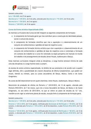 LANÇAMENTO DO ANO LETIVO 2014-2015
116
SUPORTE LEGISLATIVO
Lei n.º 85/2009, de 27 de agosto
Decreto-Lei n.º 139/2012, de 5 de julho, alterado pelo Decreto-Lei n.º 91/2013, de 10 de julho
Decreto-Lei n.º 176/2012, de 2 de agosto
Portaria n.º 242/2012, de 10 de agosto
Cursos do Ensino Artístico Especializado (EAE)
As matrizes curriculares dos Cursos do EAE integram as seguintes componentes de formação:
a) A componente de formação geral que visa contribuir para a construção da identidade pessoal,
social e cultural dos alunos;
b) A componente de formação científica que visa a aquisição e o desenvolvimento de um
conjunto de conhecimentos e aptidões de base do respetivo curso;
c) A componente de formação técnico-artística que visa a aquisição e o desenvolvimento de um
conjunto de conhecimentos e aptidões de base do respetivo curso e contempla a formação
em contexto de trabalho se o curso for orientado na dupla perspetiva de inserção no mundo
do trabalho e de prosseguimento de estudos (Artes Visuais, Audiovisuais e Dança).
Estas matrizes curriculares integram ainda as disciplinas, a carga horária semanal mínima de cada
uma das disciplinas e a carga horária total a cumprir.
As escolas do ensino artístico especializado, no âmbito da sua autonomia e de acordo com o quadro
legal definido, têm a possibilidade de criarem disciplinas de Oferta Complementar, que podem ser
anuais, bienais ou trienais, para os cursos secundários de Dança, Música, Canto e de Canto
Gregoriano.
Os cursos do EAE desenvolvem-se em quatro domínios: Artes Visuais, Audiovisuais, Dança e Música.
Decorrente da produção de efeitos da Portaria n.º 243-B/2012, de 13 de agosto, alterada pela
Portaria 59-B/2014, de 7 de março, que cria o Curso Secundário de Dança, de Música e de Canto
Gregoriano, no ano letivo de 2013/2014, no que se refere ao plano de estudos do 12.º ano,
mantêm-se em vigor os anteriores planos de estudo, exceção feita à componente de formação geral.
SUPORTE LEGISLATIVO
Decreto-Lei n.º 139/2012, de 5 de julho, alterado pelo Decreto-Lei n.º 91/2013, de 10 de julho
Portaria n.º 243-A/2012, de 13 de agosto, retificada pela Declaração de Retificação n.º 59/2012, de 12 de
outubro, e alterada pela Portaria n.º 419-A/2012, de 20 de dezembro, e pela Portaria 59-A/2014, de 7 de
março
Portaria n.º 243-B/2012, de 13 de agosto, retificada pela Declaração de Retificação n.º 58/2012, de 12 de
outubro, e alterada pela Portaria n.º 419-B/2012, de 20 de dezembro, e pela Portaria 59-B/2014, de 7 de
março
 