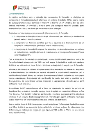 LANÇAMENTO DO ANO LETIVO 2014-2015
117
Cursos Profissionais
As matrizes curriculares com a indicação das componentes de formação, as disciplinas da
componente de formação sociocultural, a formação em contexto de trabalho (FCT) e a carga horária
dos cursos profissionais estão definidas no Anexo VI ao Decreto-Lei n.º 139/2012, de 5 de julho,
alterado pelo Decreto-Lei n.º 91/2013, de 10 de julho. Esta alteração à matriz foi aplicada a partir
do ano letivo 2013-2014, aos alunos que iniciaram o ciclo de formação.
A estrutura curricular destes cursos compreende três componentes de formação:
a) A componente de formação sociocultural que visa contribuir para a construção da identidade
pessoal, social e cultural dos alunos;
b) A componente de formação científica que visa a aquisição e o desenvolvimento de um
conjunto de conhecimentos e aptidões de base do respetivo curso;
c) A componente de formação técnica que visa a aquisição e o desenvolvimento de um conjunto
de conhecimentos e aptidões de base do respetivo curso e integra uma forma específica de
concretização da FCT.
Com a alteração ao Decreto-Lei supramencionado, a carga horária global prevista na matriz dos
Cursos Profissionais situa-se entre as 3200 e as 3440 horas e é distribuída e gerida pela escola no
âmbito da sua autonomia, de forma flexível e otimizada ao longo dos três anos do ciclo de formação.
A formação em contexto de trabalho (FCT) tem uma duração entre 600 a 840 horas e visa a aquisição
e o desenvolvimento de competências técnicas, relacionais e organizacionais relevantes para a
qualificação profissional. Integra um conjunto de atividades profissionais realizadas em empresas ou
noutras organizações, desenvolvidas sob coordenação da escola, que visam a aquisição ou o
desenvolvimento de competências técnicas, relacionais e organizacionais relevantes para o perfil
profissional visado pelo curso.
As atividades da FCT desenvolvem-se sob a forma de experiências de trabalho por períodos de
duração variável ao longo da formação, ou sob a forma de estágio em etapas intermédias ou na fase
final do curso. Pode também realizar-se, parcialmente e mediante autorização prévia, através da
simulação de um conjunto de atividades profissionais relevantes para o perfil profissional visado pelo
curso a desenvolver em condições semelhantes à do contexto real de trabalho.
A carga horária global de 3100 horas prevista na matriz dos Cursos Profissionais é distribuída e gerida
pela UO no âmbito da sua autonomia, de forma flexível e otimizada ao longo dos três anos do ciclo
de formação, de modo que não exceda, em caso algum, as 1100, as 35 e as 7 horas por ano, semana
e dia, respetivamente.
 