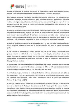 LANÇAMENTO DO ANO LETIVO 2014-2015
146
de todas as disciplinas, na formação em contexto de trabalho (FCT) e ainda sobre os conhecimentos,
aptidões e atitudes identificados no perfil profissional relativos à respetiva qualificação.
Este processo contempla a avaliação diagnóstica que permite a definição e o ajustamento de
processos e estratégias, a avaliação formativa que é contínua e sistemática, permitindo a adoção de
medidas pedagógicas adequadas às características dos alunos e às aprendizagens a desenvolver, e a
avaliação sumativa, seja interna ou externa, que tem como principais objetivos a classificação e a
certificação das aprendizagens.
A avaliação sumativa interna ocorre no final de cada módulo de uma disciplina e após a conclusão do
conjunto de módulos de cada disciplina, em reunião do conselho de turma. A avaliação sumativa de
cada módulo é da responsabilidade do professor, em momentos acordados entre o professor e os
alunos, tendo em conta o desempenho e ritmos de aprendizagem. O aluno pode ainda requerer, em
condições a fixar pelos órgãos competentes da escola, a avaliação dos módulos não realizados.
A avaliação sumativa interna expressa-se numa escala de 0 a 20 valores e incide sobre as disciplinas,
a FCT, integrando, no final do último ano do ciclo de formação, uma Prova de Aptidão Profissional
(PAP).
A PAP consiste na apresentação e defesa, perante um júri, de um projeto, concretizado num
produto, material ou intelectual, numa intervenção ou numa atuação, consoante a natureza dos
cursos, bem como do respetivo relatório final de realização e apreciação crítica, demonstrativo de
conhecimentos e competências profissionais adquiridos ao longo da formação e estruturante do
futuro profissional do aluno.
A aprovação em cada disciplina depende da obtenção em cada um dos respetivos módulos de uma
classificação igual ou superior a 10 valores. A aprovação na FCT e na PAP depende da obtenção de
uma classificação final igual ou superior a 10 valores em cada uma delas.
A conclusão com aproveitamento de um Curso Profissional obtém-se pela aprovação em todas as
disciplinas, na FCT e na PAP, conferindo o direito à emissão de um diploma do ensino secundário e de
um certificado de qualificações, ambos com a indicação do nível 4 de qualificação do Quadro
Nacional de Qualificações (QNQ).
A avaliação sumativa externa, para efeitos de prosseguimento de estudos, decorre da realização de
exames na disciplina de Português da componente de formação geral dos cursos científico-
humanísticos, numa disciplina trienal da componente de formação específica, escolhida de entre as
que compõem os planos de estudo dos vários cursos científico-humanísticos e numa disciplina bienal
da componente de formação específica, escolhida de entre as que compõem os planos de estudo dos
vários cursos científico-humanísticos.
 