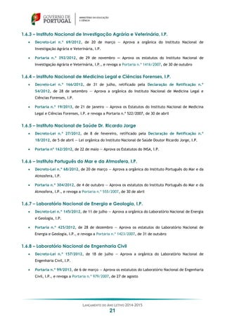 LANÇAMENTO DO ANO LETIVO 2014-2015
21
1.6.3 – Instituto Nacional de Investigação Agrária e Veterinária, I.P.
 Decreto-Lei n.º 69/2012, de 20 de março — Aprova a orgânica do Instituto Nacional de
Investigação Agrária e Veterinária, I.P.
 Portaria n.º 392/2012, de 29 de novembro — Aprova os estatutos do Instituto Nacional de
Investigação Agrária e Veterinária, I.P., e revoga a Portaria n.º 1416/2007, de 30 de outubro
1.6.4 – Instituto Nacional de Medicina Legal e Ciências Forenses, I.P.
 Decreto-Lei n.º 166/2012, de 31 de julho, retificado pela Declaração de Retificação n.º
54/2012, de 28 de setembro — Aprova a orgânica do Instituto Nacional de Medicina Legal e
Ciências Forenses, I.P.
 Portaria n.º 19/2013, de 21 de janeiro — Aprova os Estatutos do Instituto Nacional de Medicina
Legal e Ciências Forenses, I.P. e revoga a Portaria n.º 522/2007, de 30 de abril
1.6.5 – Instituto Nacional de Saúde Dr. Ricardo Jorge
 Decreto-Lei n.º 27/2012, de 8 de fevereiro, retificado pela Declaração de Retificação n.º
18/2012, de 5 de abril — Lei orgânica do Instituto Nacional de Saúde Doutor Ricardo Jorge, I.P.
 Portaria nº 162/2012, de 22 de maio — Aprova os Estatutos do INSA, I.P.
1.6.6 – Instituto Português do Mar e da Atmosfera, I.P.
 Decreto-Lei n.º 68/2012, de 20 de março — Aprova a orgânica do Instituto Português do Mar e da
Atmosfera, I.P.
 Portaria n.º 304/2012, de 4 de outubro — Aprova os estatutos do Instituto Português do Mar e da
Atmosfera, I.P., e revoga a Portaria n.º 555/2007, de 30 de abril
1.6.7 – Laboratório Nacional de Energia e Geologia, I.P.
 Decreto-Lei n.º 145/2012, de 11 de julho — Aprova a orgânica do Laboratório Nacional de Energia
e Geologia, I.P.
 Portaria n.º 425/2012, de 28 de dezembro — Aprova os estatutos do Laboratório Nacional de
Energia e Geologia, I.P., e revoga a Portaria n.º 1423/2007, de 31 de outubro
1.6.8 – Laboratório Nacional de Engenharia Civil
 Decreto-Lei n.º 157/2012, de 18 de julho — Aprova a orgânica do Laboratório Nacional de
Engenharia Civil, I.P.
 Portaria n.º 99/2013, de 6 de março — Aprova os estatutos do Laboratório Nacional de Engenharia
Civil, I.P., e revoga a Portaria n.º 979/2007, de 27 de agosto
 
