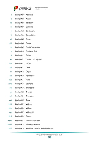 LANÇAMENTO DO ANO LETIVO 2014-2015
218
i. Código M01 - Acordeão
ii. Código M02 - Alaúde
iii. Código M03 - Bandolim
iv. Código M04 - Clarinete
v. Código M05 - Clavicórdio
vi. Código M06 - Contrabaixo
vii. Código M07 - Cravo
viii. Código M08 - Fagote
ix. Código M09 - Flauta Transversal
x. Código M10 - Flauta de Bisel
xi. Código M11 - Guitarra
xii. Código M12 - Guitarra Portuguesa
xiii. Código M13 - Harpa
xiv. Código M14 - Oboé
xv. Código M15 - Órgão
xvi. Código M16 - Percussão
xvii. Código M17 - Piano
xviii. Código M18 - Saxofone
xix. Código M19 - Trombone
xx. Código M20 - Trompa
xxi. Código M21 - Trompete
xxii. Código M22 - Tuba
xxiii. Código M23 - Violeta
xxiv. Código M24 - Violino
xxv. Código M25 - Violoncelo
xxvi. Código M26 - Canto
xxvii. Código M27 - Canto Gregoriano
xxviii. Código M28 - Formação Musical
xxix. Código M29 - Análise e Técnicas de Composição
 