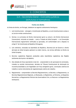 LANÇAMENTO DO ANO LETIVO 2014-2015
234
2. CONCEITOS
2.A – Secretaria-Geral – Conceitos jurídicos
(estruturas e normativos)
Fontes de direito
As fontes de direito, em Portugal, obedecem ao seguinte ordenamento hierárquico:
1. Leis Constitucionais − abrangem a Constituição da República, as Leis Constitucionais avulsas e
as Leis de revisão constitucional;
2. Normas e os princípios de Direito internacional geral ou comum e de Direito Internacional
Convencional, incluindo os tratados — como o Tratado da União Europeia — e as Convenções
Internacionais regularmente ratificadas ou aprovadas, em conformidade com o disposto no
artigo 8.º da Constituição da República Portuguesa;
3. Leis ordinárias, emanadas da Assembleia da República, Decretos-Leis do Governo e direito
derivado da União Europeia aplicável na ordem interna, nos termos definidos no Direito da
União Europeia;
4. Decretos Legislativos Regionais produzidos pelas Assembleias Legislativas das Regiões
Autónomas dos Açores e da Madeira;
5. Atos dotados de força equivalente à das leis – compreendem os de aprovação de convenções,
tratados ou acordos internacionais, decisões do Tribunal Constitucional de declaração de
inconstitucionalidade ou de ilegalidade com força obrigatória geral, convenções coletivas de
trabalho e outros instrumentos de regulamentação coletiva do trabalho;
6. Regulamentos - compreendem os Decretos Regulamentares, os Decretos, os Regulamentos, os
Decretos Regulamentares Regionais, as Resoluções, os Regimentos, as Portarias, os Despachos
Normativos, os Regulamentos Policiais dos Governadores Civis, as Posturas e os Regulamentos
Autárquicos.
 