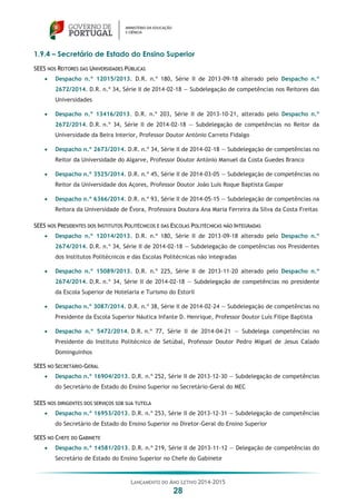 LANÇAMENTO DO ANO LETIVO 2014-2015
28
1.9.4 – Secretário de Estado do Ensino Superior
SEES NOS REITORES DAS UNIVERSIDADES PÚBLICAS
 Despacho n.º 12015/2013. D.R. n.º 180, Série II de 2013-09-18 alterado pelo Despacho n.º
2672/2014. D.R. n.º 34, Série II de 2014-02-18 — Subdelegação de competências nos Reitores das
Universidades
 Despacho n.º 13416/2013. D.R. n.º 203, Série II de 2013-10-21, alterado pelo Despacho n.º
2672/2014. D.R. n.º 34, Série II de 2014-02-18 — Subdelegação de competências no Reitor da
Universidade da Beira Interior, Professor Doutor António Carreto Fidalgo
 Despacho n.º 2673/2014. D.R. n.º 34, Série II de 2014-02-18 — Subdelegação de competências no
Reitor da Universidade do Algarve, Professor Doutor António Manuel da Costa Guedes Branco
 Despacho n.º 3525/2014. D.R. n.º 45, Série II de 2014-03-05 — Subdelegação de competências no
Reitor da Universidade dos Açores, Professor Doutor João Luís Roque Baptista Gaspar
 Despacho n.º 6366/2014. D.R. n.º 93, Série II de 2014-05-15 — Subdelegação de competências na
Reitora da Universidade de Évora, Professora Doutora Ana Maria Ferreira da Silva da Costa Freitas
SEES NOS PRESIDENTES DOS INSTITUTOS POLITÉCNICOS E DAS ESCOLAS POLITÉCNICAS NÃO INTEGRADAS
 Despacho n.º 12014/2013. D.R. n.º 180, Série II de 2013-09-18 alterado pelo Despacho n.º
2674/2014. D.R. n.º 34, Série II de 2014-02-18 — Subdelegação de competências nos Presidentes
dos Institutos Politécnicos e das Escolas Politécnicas não integradas
 Despacho n.º 15089/2013. D.R. n.º 225, Série II de 2013-11-20 alterado pelo Despacho n.º
2674/2014. D.R. n.º 34, Série II de 2014-02-18 — Subdelegação de competências no presidente
da Escola Superior de Hotelaria e Turismo do Estoril
 Despacho n.º 3087/2014. D.R. n.º 38, Série II de 2014-02-24 — Subdelegação de competências no
Presidente da Escola Superior Náutica Infante D. Henrique, Professor Doutor Luís Filipe Baptista
 Despacho n.º 5472/2014. D.R. n.º 77, Série II de 2014-04-21 — Subdelega competências no
Presidente do Instituto Politécnico de Setúbal, Professor Doutor Pedro Miguel de Jesus Calado
Dominguinhos
SEES NO SECRETÁRIO-GERAL
 Despacho n.º 16904/2013. D.R. n.º 252, Série II de 2013-12-30 — Subdelegação de competências
do Secretário de Estado do Ensino Superior no Secretário-Geral do MEC
SEES NOS DIRIGENTES DOS SERVIÇOS SOB SUA TUTELA
 Despacho n.º 16953/2013. D.R. n.º 253, Série II de 2013-12-31 — Subdelegação de competências
do Secretário de Estado do Ensino Superior no Diretor-Geral do Ensino Superior
SEES NO CHEFE DO GABINETE
 Despacho n.º 14581/2013. D.R. n.º 219, Série II de 2013-11-12 — Delegação de competências do
Secretário de Estado do Ensino Superior no Chefe do Gabinete
 