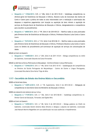LANÇAMENTO DO ANO LETIVO 2014-2015
31
 Despacho n.º 13566/2013. D.R. n.º 206, Série II de 2013-10-24 — Subdelega competências na
diretora-geral de Estatísticas da Educação e Ciência, Doutora Luísa da Conceição dos Santos de
Canto e Castro para a prática de todos os atos relacionados com a realização e autorização das
despesas e respetivos pagamentos com locação ou aquisição de bens móveis e aquisição de
serviços da Direção-Geral de Estatísticas da Educação e Ciência, designadamente a competência
para escolher os procedimentos
 Despacho n.º 6808/2014. D.R. n.º 99, Série II de 2014-05-23 — Ratifica todos os atos praticados
pela Diretora-Geral de Estatísticas da Educação e Ciência, Professora Doutora Luísa Canto e Castro
Loura
 Despacho n.º 7672/2014. D.R. n.º 112, Série II de 2014-06-12 — Ratifica todos os atos praticados
pela Diretora-Geral de Estatísticas da Educação e Ciência, Professora Doutora Luísa Canto e Castro
Loura no âmbito do procedimento pré-contratual de aquisição de serviços de comunicações de
dados
SEEAE NO CHEFE DO GABINETE
 Despacho n.º 14400/2011. D.R. n.º 204, Série II de 2011-10-24 — Delega competências no chefe
do Gabinete, licenciado Eduardo da Costa Fernandes
SEEAE NA DIRETORA DA ESCOLA PORTUGUESA DE MOÇAMBIQUE - CENTRO DE ENSINO E LÍNGUA PORTUGUESA
 Despacho n.º 12946/2013. D.R. n.º 196, Série II de 2013-10-10 — Subdelegação de competências
na Diretora da Escola Portuguesa de Moçambique - Centro de Ensino e Língua Portuguesa,
Licenciada Dina Maria Silva Horta Trigo de Mira
1.9.7 – Secretário de Estado dos Ensinos Básico e Secundário
SEEBS NO SECRETÁRIO-GERAL
 Despacho n.º 5409-A/2013. D.R. n.º 78, Suplemento, Série II de 2013-04-22 — Delegação de
competências no Secretário-Geral do Ministério da Educação e Ciência
SEEBS NOS DIRIGENTES DOS SERVIÇOS SOB SUA TUTELA
 Despacho n.º 7149/2013. D.R. n.º 106, Série II de 2013-06-03 — Subdelega competências no
Diretor-Geral da Educação, Fernando José Egídio Reis
SEEBS NO CHEFE DO GABINETE
 Despacho n.º 5495/2013. D.R. n.º 80, Série II de 2013-04-24 — Delega poderes no Chefe do
Gabinete, Licenciado Daniel António Mota Oliveira e designa o adjunto do Gabinete, Licenciado
José Manuel Martins Magalhães em sua substituição nas suas ausências e impedimentos
 