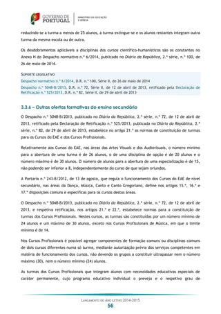 LANÇAMENTO DO ANO LETIVO 2014-2015
56
reduzindo-se a turma a menos de 25 alunos, a turma extingue-se e os alunos restantes integram outra
turma da mesma escola ou de outra.
Os desdobramentos aplicáveis a disciplinas dos cursos científico-humanísticos são os constantes no
Anexo H do Despacho normativo n.º 6/2014, publicado no Diário da República, 2.ª série, n.º 100, de
26 de maio de 2014.
SUPORTE LEGISLATIVO
Despacho normativo n.º 6/2014, D.R. n.º 100, Série II, de 26 de maio de 2014
Despacho n.º 5048-B/2013, D.R. n.º 72, Série II, de 12 de abril de 2013, retificado pela Declaração de
Retificação n.º 525/2013, D.R. n.º 82, Série II, de 29 de abril de 2013
3.3.6 – Outras ofertas formativas do ensino secundário
O Despacho n.º 5048-B/2013, publicado no Diário da República, 2.ª série, n.º 72, de 12 de abril de
2013, retificado pela Declaração de Retificação n.º 525/2013, publicada no Diário da República, 2.ª
série, n.º 82, de 29 de abril de 2013, estabelece no artigo 21.º as normas de constituição de turmas
para os Cursos do EAE e dos Cursos Profissionais.
Relativamente aos Cursos do EAE, nas áreas das Artes Visuais e dos Audiovisuais, o número mínimo
para a abertura de uma turma é de 26 alunos, o de uma disciplina de opção é de 20 alunos e o
número máximo é de 30 alunos. O número de alunos para a abertura de uma especialização é de 15,
não podendo ser inferior a 8, independentemente do curso de que sejam oriundos.
A Portaria n.º 243-B/2012, de 13 de agosto, que regula o funcionamento dos Cursos do EAE de nível
secundário, nas áreas da Dança, Música, Canto e Canto Gregoriano, define nos artigos 15.º, 16.º e
17.º disposições comuns e específicas para os cursos destas áreas.
O Despacho n.º 5048-B/2013, publicado no Diário da República, 2.ª série, n.º 72, de 12 de abril de
2013, e respetiva retificação, nos artigos 21.º e 22.º, estabelece normas para a constituição de
turmas dos Cursos Profissionais. Nestes cursos, as turmas são constituídas por um número mínimo de
24 alunos e um máximo de 30 alunos, exceto nos Cursos Profissionais de Música, em que o limite
mínimo é de 14.
Nos Cursos Profissionais é possível agregar componentes de formação comuns ou disciplinas comuns
de dois cursos diferentes numa só turma, mediante autorização prévia dos serviços competentes em
matéria de funcionamento dos cursos, não devendo os grupos a constituir ultrapassar nem o número
máximo (30), nem o número mínimo (24) alunos.
As turmas dos Cursos Profissionais que integram alunos com necessidades educativas especiais de
caráter permanente, cujo programa educativo individual o preveja e o respetivo grau de
 