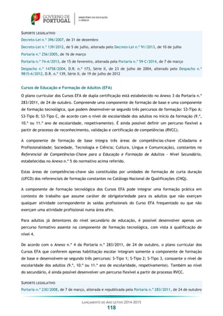 LANÇAMENTO DO ANO LETIVO 2014-2015
118
SUPORTE LEGISLATIVO
Decreto-Lei n.º 396/2007, de 31 de dezembro
Decreto-Lei n.º 139/2012, de 5 de julho, alterado pelo Decreto-Lei n.º 91/2013, de 10 de julho
Portaria n.º 256/2005, de 16 de março
Portaria n.º 74-A/2013, de 15 de fevereiro, alterada pela Portaria n.º 59-C/2014, de 7 de março
Despacho n.º 14758/2004, D.R. n.º 173, Série II, de 23 de julho de 2004, alterado pelo Despacho n.º
9815-A/2012, D.R. n.º 139, Série II, de 19 de julho de 2012
Cursos de Educação e Formação de Adultos (EFA)
O plano curricular dos Cursos EFA de dupla certificação está estabelecido no Anexo 3 da Portaria n.º
283/2011, de 24 de outubro. Compreende uma componente de formação de base e uma componente
de formação tecnológica, que podem desenvolver-se segundo três percursos de formação: S3-Tipo A;
S3-Tipo B; S3-Tipo C, de acordo com o nível de escolaridade dos adultos no início da formação (9.º,
10.º ou 11.º ano de escolaridade, respetivamente). É ainda possível definir um percurso flexível a
partir de processo de reconhecimento, validação e certificação de competências (RVCC).
A componente de formação de base integra três áreas de competências-chave (Cidadania e
Profissionalidade; Sociedade, Tecnologia e Ciência; Cultura, Língua e Comunicação), constantes no
Referencial de Competências-Chave para a Educação e Formação de Adultos - Nível Secundário,
estabelecidas no Anexo n.º 5 do normativo acima referido.
Estas áreas de competências-chave são constituídas por unidades de formação de curta duração
(UFCD) dos referenciais de formação constantes no Catálogo Nacional de Qualificações (CNQ).
A componente de formação tecnológica dos Cursos EFA pode integrar uma formação prática em
contexto de trabalho que assume caráter de obrigatoriedade para os adultos que não exerçam
qualquer atividade correspondente às saídas profissionais do Curso EFA frequentado ou que não
exerçam uma atividade profissional numa área afim.
Para adultos já detentores do nível secundário de educação, é possível desenvolver apenas um
percurso formativo assente na componente de formação tecnológica, com vista à qualificação de
nível 4.
De acordo com o Anexo n.º 4 da Portaria n.º 283/2011, de 24 de outubro, o plano curricular dos
Cursos EFA que conferem apenas habilitação escolar integram somente a componente de formação
de base e desenvolvem-se segundo três percursos: S-Tipo 1; S-Tipo 2; S-Tipo 3, consoante o nível de
escolaridade dos adultos (9.º, 10.º ou 11.º ano de escolaridade, respetivamente). Também ao nível
do secundário, é ainda possível desenvolver um percurso flexível a partir de processo RVCC.
SUPORTE LEGISLATIVO
Portaria n.º 230/2008, de 7 de março, alterada e republicada pela Portaria n.º 283/2011, de 24 de outubro
 
