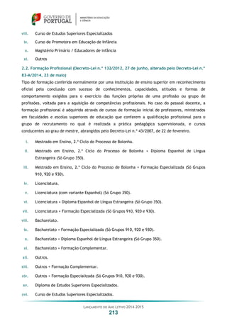 LANÇAMENTO DO ANO LETIVO 2014-2015
213
viii. Curso de Estudos Superiores Especializados
ix. Curso de Promotora em Educação de Infância
x. Magistério Primário / Educadores de infância
xi. Outros
2.2. Formação Profissional (Decreto-Lei n.º 132/2012, 27 de junho, alterado pelo Decreto-Lei n.º
83-A/2014, 23 de maio)
Tipo de formação conferida normalmente por uma instituição de ensino superior em reconhecimento
oficial pela conclusão com sucesso de conhecimentos, capacidades, atitudes e formas de
comportamento exigidos para o exercício das funções próprias de uma profissão ou grupo de
profissões, voltada para a aquisição de competências profissionais. No caso do pessoal docente, a
formação profissional é adquirida através de cursos de formação inicial de professores, ministrados
em faculdades e escolas superiores de educação que conferem a qualificação profissional para o
grupo de recrutamento no qual é realizada a prática pedagógica supervisionada, e cursos
conducentes ao grau de mestre, abrangidos pelo Decreto-Lei n.º 43/2007, de 22 de fevereiro.
i. Mestrado em Ensino, 2.º Ciclo do Processo de Bolonha.
ii. Mestrado em Ensino, 2.º Ciclo do Processo de Bolonha + Diploma Espanhol de Língua
Estrangeira (Só Grupo 350).
iii. Mestrado em Ensino, 2.º Ciclo do Processo de Bolonha + Formação Especializada (Só Grupos
910, 920 e 930).
iv. Licenciatura.
v. Licenciatura (com variante Espanhol) (Só Grupo 350).
vi. Licenciatura + Diploma Espanhol de Língua Estrangeira (Só Grupo 350).
vii. Licenciatura + Formação Especializada (Só Grupos 910, 920 e 930).
viii. Bacharelato.
ix. Bacharelato + Formação Especializada (Só Grupos 910, 920 e 930).
x. Bacharelato + Diploma Espanhol de Língua Estrangeira (Só Grupo 350).
xi. Bacharelato + Formação Complementar.
xii. Outros.
xiii. Outros + Formação Complementar.
xiv. Outros + Formação Especializada (Só Grupos 910, 920 e 930).
xv. Diploma de Estudos Superiores Especializados.
xvi. Curso de Estudos Superiores Especializados.
 