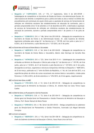 LANÇAMENTO DO ANO LETIVO 2014-2015
27
 Despacho n.º 11699-B/2013. D.R. n.º 173, 2.º Suplemento, Série II de 2013-09-09 —
Subdelegação de competência no Secretário de Estado do Ensino e da Administração Escolar, Dr.
João Casanova de Almeida a competência para a prática de todos os atos a realizar no âmbito dos
procedimentos pré-contratuais de ajuste direto para a aquisição de serviços de fornecimento de
refeições em refeitórios escolares dos estabelecimentos de educação do continente, para o
período compreendido entre 12 de setembro e 31 de dezembro de 2013, e destinados à aquisição
de serviços de fornecimento de refeições em refeitórios escolares dos estabelecimentos de
educação do continente, durante o período compreendido entre 1 de janeiro e 31 de julho de
2014
 Despacho n.º 12280/2013. D.R. n.º 186, Série II de 2013-09-26 — Delegação de competências no
Secretário de Estado do Ensino e da Administração Escolar, Dr. João Casanova de Almeida
legalmente atribuídas pelo artigo 22.º do Decreto-Lei n.º 197/99, de 8 de junho e pela Lei n.º
8/2012, de 21 de fevereiro, e pelo Decreto-Lei n.º 127/2012, de 21 de junho
MEC NO SECRETÁRIO DE ESTADO DO ENSINO BÁSICO E SECUNDÁRIO
 Despacho n.º 4609/2013. D.R. n.º 64, Série II de 2013-04-02 — Delegação de competências no
Secretário de Estado do Ensino Básico e Secundário, Mestre João Henrique de Carvalho Dias
Grancho
 Despacho n.º 14749/2013. D.R. n.º 221, Série II de 2013-11-14 — Subdelegação de competências
atribuídas ao Ministro da Educação e Ciência pelo artigo 22.º do Decreto-Lei n.º 197/99, de 8 de
junho, pela Lei n.º 8/2012, de 21 de fevereiro e pelo Decreto-Lei n.º 127/2012, de 21 de junho,
abrangendo os serviços, organismos e estruturas temporárias referidas no Despacho n.º 4609/2013,
de 25 de março, publicado na 2.ª série do Diário da República, n.º 64, de 2 de abril de 2013, e as
experiências-piloto de oferta de cursos vocacionais nos ensinos básico e secundário, criadas pelas
Portarias n.ºs 292-A/2012, de 26 de setembro e n.º 276/2013, de 23 de agosto, respetivamente
MEC NO SECRETÁRIO-GERAL DO MEC
 Despacho n.º 1751/2013. D.R. n.º 21, Série II de 2013-01-30 — Delegação de competências no
secretário-geral do Ministério da Educação e Ciência, Dr. António Raúl da Costa Tôrres Capaz
Coelho
MEC NO DIRETOR-GERAL DE PLANEAMENTO E GESTÃO FINANCEIRA
 Despacho n.º 5079/2013. D.R. n.º 73, Série II de 2013-04-15 — Delegação de competências no
diretor-geral da Direção-Geral de Planeamento e Gestão Financeira do Ministério da Educação e
Ciência, Prof. Doutor Manuel de Matos Passos
 Despacho n.º 5789/2013. D.R. n.º 85, Série II de 2013-05-03 — Delega competências no subdiretor
geral da Direção-Geral de Planeamento e Gestão Financeira, licenciado Luís Miguel Bernardo
Farrajota
MEC NO CHEFE DO GABINETE
 Despacho n.º 10039/2011. D.R. n.º 153, Série II de 2011-08-10 — Delegação de competências no
chefe do Gabinete do Ministro da Educação e Ciência, Vasco Paulo Lince de Faria
 