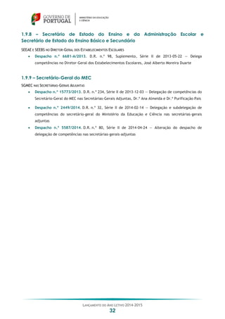 LANÇAMENTO DO ANO LETIVO 2014-2015
32
1.9.8 – Secretário de Estado do Ensino e da Administração Escolar e
Secretário de Estado do Ensino Básico e Secundário
SEEAE E SEEBS NO DIRETOR-GERAL DOS ESTABELECIMENTOS ESCOLARES
 Despacho n.º 6681-A/2013. D.R. n.º 98, Suplemento, Série II de 2013-05-22 — Delega
competências no Diretor-Geral dos Estabelecimentos Escolares, José Alberto Moreira Duarte
1.9.9 – Secretário-Geral do MEC
SGMEC NAS SECRETÁRIAS-GERAIS ADJUNTAS
 Despacho n.º 15773/2013. D.R. n.º 234, Série II de 2013-12-03 — Delegação de competências do
Secretário-Geral do MEC nas Secretárias-Gerais Adjuntas, Dr.ª Ana Almeida e Dr.ª Purificação Pais
 Despacho n.º 2449/2014. D.R. n.º 32, Série II de 2014-02-14 — Delegação e subdelegação de
competências do secretário-geral do Ministério da Educação e Ciência nas secretárias-gerais
adjuntas
 Despacho n.º 5587/2014. D.R. n.º 80, Série II de 2014-04-24 — Alteração do despacho de
delegação de competências nas secretárias-gerais-adjuntas
 