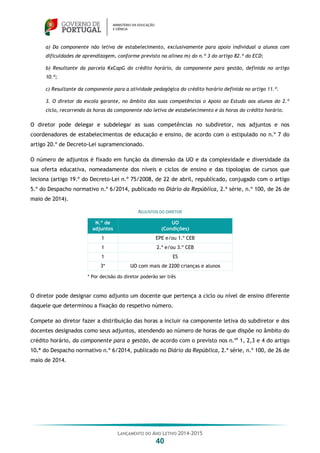 LANÇAMENTO DO ANO LETIVO 2014-2015
40
a) Da componente não letiva de estabelecimento, exclusivamente para apoio individual a alunos com
dificuldades de aprendizagem, conforme previsto na alínea m) do n.º 3 do artigo 82.º do ECD;
b) Resultante da parcela KxCapG do crédito horário, da componente para gestão, definida no artigo
10.º;
c) Resultante da componente para a atividade pedagógica do crédito horário definida no artigo 11.º.
3. O diretor da escola garante, no âmbito das suas competências o Apoio ao Estudo aos alunos do 2.º
ciclo, recorrendo às horas da componente não letiva de estabelecimento e às horas do crédito horário.
O diretor pode delegar e subdelegar as suas competências no subdiretor, nos adjuntos e nos
coordenadores de estabelecimentos de educação e ensino, de acordo com o estipulado no n.º 7 do
artigo 20.º de Decreto-Lei supramencionado.
O número de adjuntos é fixado em função da dimensão da UO e da complexidade e diversidade da
sua oferta educativa, nomeadamente dos níveis e ciclos de ensino e das tipologias de cursos que
leciona (artigo 19.º do Decreto-Lei n.º 75/2008, de 22 de abril, republicado, conjugado com o artigo
5.º do Despacho normativo n.º 6/2014, publicado no Diário da República, 2.ª série, n.º 100, de 26 de
maio de 2014).
ADJUNTOS DO DIRETOR
N.º de
adjuntos
UO
(Condições)
1 EPE e/ou 1.º CEB
1 2.º e/ou 3.º CEB
1 ES
3* UO com mais de 2200 crianças e alunos
* Por decisão do diretor poderão ser três
O diretor pode designar como adjunto um docente que pertença a ciclo ou nível de ensino diferente
daquele que determinou a fixação do respetivo número.
Compete ao diretor fazer a distribuição das horas a incluir na componente letiva do subdiretor e dos
docentes designados como seus adjuntos, atendendo ao número de horas de que dispõe no âmbito do
crédito horário, da componente para a gestão, de acordo com o previsto nos n.ºs
1, 2,3 e 4 do artigo
10.º do Despacho normativo n.º 6/2014, publicado no Diário da República, 2.ª série, n.º 100, de 26 de
maio de 2014.
 