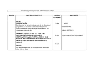*Creatividad y desempeño en la realización de su trabajo
SESIÓN SECUENCIADIDACTICA TIEMPO
ESTIMADO
RECURSOS
INICIO:
PRESENTACIÓN
Se retomaran los conocimientos previos de los alumnos, al
preguntarles se recuerdan cuáles fueron las primeras
civilizaciones en al mundo, en específico en México. Se
reflexionara acerca de ello.
DESARROLLO: EXPOSICIÓN DEL TEMA: LAS
CIVILIZACIONES DE LA ANTIGÜEDAD EN
AMERICA,EUROPA,ASIA Y AFRICA, Y DE LA EDAD
MEDIAAL INICIO DEL MUNDO MODERNO( mediante el
uso de un video previamente seleccionado por el
maestro)
CIERRE:
Los alumnos elaboraran en su cuaderno una reseña del
video visto en clase.
5 MIN
20 MIN
15 MIN
VIDEO
DIAPOSITVAS
LIIBRO DE TEXTO
CUADERNOS DE LOS ALUMNOS
 