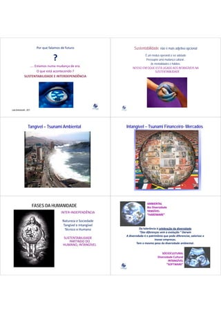 Por que falamos de futuro                      Sustentabilidade não é mais adjetivo opcional
                                                                                 É um modus operandi a ser adotado
                                      ?                                           Pressupõe uma mudança cultural :
                                                                                     de mentalidades e hábitos.
                  .... Estamos numa mudança de era.
                                                                         NOSSO ENFOQUE ESTÁ LIGADO AOS INTANGÍVEIS NA
                        O que está acontecendo ?                                         SUSTENTABILIDADE
               SUSTENTABILIDADE E INTERDEPENDÊNCIA 




Lala Deheinzelin , 2011




                    Tangível – Tsunami Ambiental                    Intangível – Tsunami Financeiro- Mercados




                                                                                    AMBIENTAL
                          FASES DA HUMANIDADE                                       Bio Diversidade
                                           INTER‐INDEPENDÊNCIA                      TANGÍVEL
                                                                                         Í
                                                                                    “HARDWARE”

                                            Natureza e Sociedade
                                            Tangível e Intangível
                                             Técnico e Humano                 Da tolerância à celebração da diversidade
                                                                              “Das diferenças vem a evolução “ Darwin 
                                                                    A diversidade é o patrimônio que pode diferenciar, valorizar e 
                                                                    A diversidade é o patrimônio que pode diferenciar valorizar e
                                            SUSTENTABILIDADE                               inovar empresas. 
                                               PARTINDO DO                  Tem o mesmo peso da diversidade ambiental. 
                                                                            Tem o mesmo peso da diversidade ambiental.
                                            HUMANO, INTANGÍVEL
                                            HUMANO INTANGÍVEL

                                                                                                SÓCIOCULTURAL
                                                                                             Diversidade Cultural
                                                                                                     INTANGÍVEL
                                                                                                    “SOFTWARE”
 