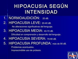 HIPOACUSIA SEGÚN
INTENSIDAD
1.
2.

NORMOAUDICIÓN: 20 dB.
HIPOACUSIA LEVE: 20-40 dB.

No alteraciones significativas del lenguaje.

3. HIPOACUSIA MEDIA: 40-70 dB.

Dificultad en comprensión y desarrollo del lenguaje.

4.
5.

HIPOACUSIA SEVERA: 70-90 dB.
HIPOACUSIA PROFUNDA: más de 90 dB.
Problemas acentuados.
Imprescindible uso de prótesis.

 