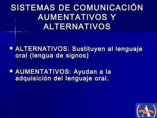 SISTEMAS DE COMUNICACIÓN
AUMENTATIVOS Y
ALTERNATIVOS


ALTERNATIVOS: Sustituyen al lenguaje
oral (lengua de signos)



AUMENTATIVOS: Ayudan a la
adquisición del lenguaje oral.

 
