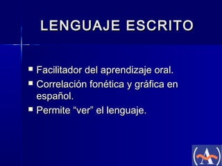 LENGUAJE ESCRITO





Facilitador del aprendizaje oral.
Correlación fonética y gráfica en
español.
Permite “ver” el lenguaje.

 