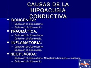 

CAUSAS DE LA
HIPOACUSIA
CONDUCTIVA

CONGÉNITA:

– Daños en el oído externo.
– Daños en el oído medio.



TRAUMÁTICA:

– Daños en el oído externo.
– Daños en el oído medio.



INFLAMATORIA:

– Daños en el oído externo.
– Daños en el oído medio.



NEOPLÁSICA:

– Daños en el oído externo. Neoplasias benignas o malignas.
– Daños en el oído medio.

 