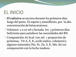 EL INICIO
 El calostro se secreta durante los primeros días
luego del parto. Es espeso y amarillento, por la alta
concentración de betacarotenos.
 Volumen: 2 a 20 ml c/lactada, los 3 primeros días.
Suficiente para satisfacer las necesidades del RN.
 Composición: 67 kcal /100 ml. > proporción de
proteínas, Vit A, E, K, acido sialico, colesterol y
algunos minerales (Na, Fe, Zn, S, K, Mn, Se) en
comparación con la leche madura.
 