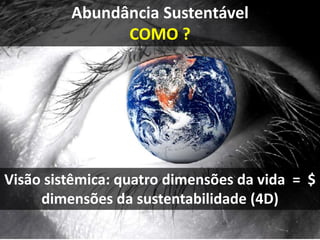 Visão sistêmica: quatro dimensões da vida = $
dimensões da sustentabilidade (4D)
Abundância Sustentável
COMO ?
 