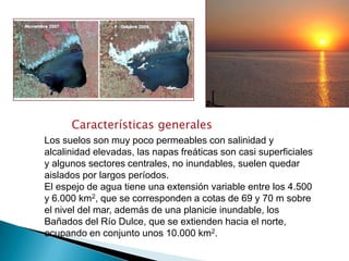 Características generales
Los suelos son muy poco permeables con salinidad y
alcalinidad elevadas, las napas freáticas son casi superficiales
y algunos sectores centrales, no inundables, suelen quedar
aislados por largos períodos.
El espejo de agua tiene una extensión variable entre los 4.500
y 6.000 km2, que se corresponden a cotas de 69 y 70 m sobre
el nivel del mar, además de una planicie inundable, los
Bañados del Río Dulce, que se extienden hacia el norte,
ocupando en conjunto unos 10.000 km2.
 