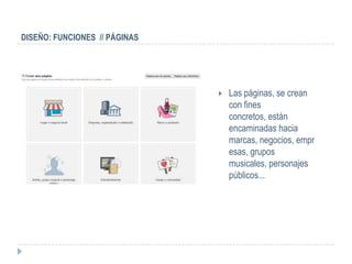 DISEÑO: FUNCIONES // PÁGINAS




                                  Las páginas, se crean
                                   con fines
                                   concretos, están
                                   encaminadas hacia
                                   marcas, negocios, empr
                                   esas, grupos
                                   musicales, personajes
                                   públicos...
 