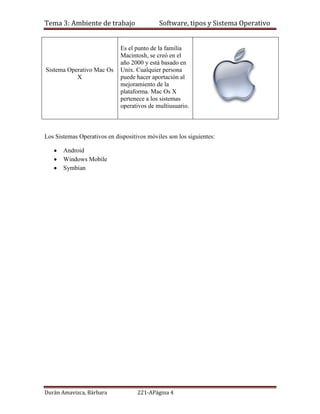 Tema 3: Ambiente de trabajo                  Software, tipos y Sistema Operativo


                             Es el punto de la familia
                             Macintosh, se creó en el
                             año 2000 y está basado en
Sistema Operativo Mac Os     Unix. Cualquier persona
           X                 puede hacer aportación al
                             mejoramiento de la
                             plataforma. Mac Os X
                             pertenece a los sistemas
                             operativos de multiusuario.



Los Sistemas Operativos en dispositivos móviles son los siguientes:

       Android
       Windows Mobile
       Symbian




Durán Amavizca, Bárbara             221-APágina 4
 