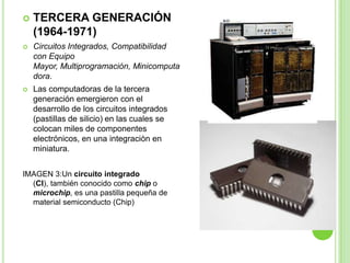 TERCERA GENERACIÓN (1964-1971)Circuitos Integrados, Compatibilidad con Equipo Mayor, Multiprogramación, Minicomputadora.Las computadoras de la tercera generación emergieron con el desarrollo de los circuitos integrados (pastillas de silicio) en las cuales se colocan miles de componentes electrónicos, en una integraciòn en miniatura.IMAGEN 3:Un circuito integrado (CI), también conocido como chip o microchip, es una pastilla pequeña de material semiconducto (Chip)