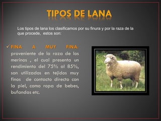 Los tipos de lana los clasificamos por su finura y por la raza de la
que procede, estos son:
 