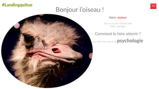 #Landingquitue 11
Votre    visiteur
est  un  un  peu  comme  une  
bête    sauvage
Bonjour  l’oiseau  !
Il  va  falloir  faire  preuve  de  psychologie  
Comment  le  faire  atterrir  ?
 