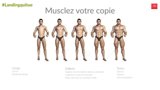 #Landingquitue 18
Design  
UX/UI  
Emotional  design
Collecte  
Soignez  vos  formulaires  (device,  présaisie)  
Longueur  et  type  de  données  
Faites  des  tests  en  situation  réelle
Testez  
Vitesse  
Devices  
Votre  population
Musclez  votre  copie
 