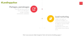 #Landingquitue 11
Partages,  parrainages
Pour  aller  plus  haut,  pensez  à  la  
suite  ou  aux  alternatives  :  
partage,  social  login,  
remerciement,  variolisation.
Lead  nurturing
Intégrez  votre  page  à  un  
mécanisme  de  collecte  :  en  
amont  pour  conserver  des  infos  
de  ciblage.  En  aval  pour  établir  
un  mécanisme  de  
requalification  ou  bien  suivre  
votre  prospect  tout  au  long  de  
sa  vie…
Ouf,  vous  pouvez  déjà  imaginer  faire  de  bonnes  landing  pages  !
 