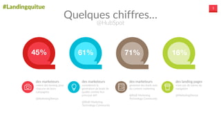 #Landingquitue 5
45% 61% 71% 16%
des  marketeurs  
créent  des  landing  pour  
chacune  de  leurs  
campagnes  
@MarketingSherpa
des  marketeurs  
considèrent  la  
génération  de  leads  de  
qualité  comme  leur  
principal  défi  
@BtoB  Marketing  
Technology  Community
des  marketeurs  
générent  des  leads  avec  
du  content  marketing  
@BtoB  Marketing  
Technology  Community
des  landing  pages  
n’ont  pas  de  barres  de  
navigation  
@MarketingSherpa
  
Quelques  chiffres…
@HubSpot
 