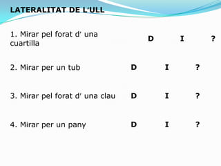 Com solucionar els problemesTest de dominància lateral de Harris (1978)Aplicable des dels 6 anys.Consta de 11 proves:1: Coneixement de dreta i esquerra2: Ma preferida3: Escriptura simultània4:Escriptura5:Puntejat6: Repartir cartes7: Força manual 8:Test monocular9:Test binocular10:Test estereoscopi11: Predominança podalTest de N Galifret-Granjon “dreta-esquerra” (Bateria piaget-Head)