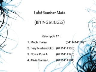 Lalat Sambar Mata
(BITING MIDGES)
Kelompok 17 :
1. Moch. Faisal (6411414130)
2. Fery Nurhandoko (6411414133)
3. Novia Putri A (6411414145)
4. Alivia Salma L (6411414164)
 