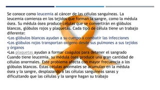 Se conoce como leucemia al cáncer de las células sanguíneas. La
leucemia comienza en los tejidos que forman la sangre, como la médula
ósea. Su médula ósea produce células que se convertirán en glóbulos
blancos, glóbulos rojos y plaquetas. Cada tipo de célula tiene un trabajo
diferente:
•Los glóbulos blancos ayudan a su cuerpo a combatir las infecciones
•Los glóbulos rojos transportan oxígeno desde sus pulmones a sus tejidos
y órganos
•Las plaquetas ayudan a formar coágulos para detener el sangrado
Cuando tiene leucemia, su médula ósea produce una gran cantidad de
células anormales. Este problema afecta con mayor frecuencia a los
glóbulos blancos. Estas células anormales se acumulan en la médula
ósea y la sangre, desplazando a las células sanguíneas sanas y
dificultando que las células y la sangre hagan su trabajo
 