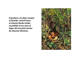 El granjero, sin dejar escapar
al duende, caminó hacia
el arbusto donde estaba
escondido el oro, pero al
llegar allí encontró cientos
de arbustos idénticos.
 