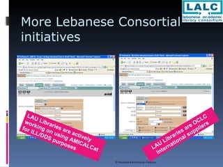 More Lebanese Consortial initiatives LAU Libraries are OCLC International suppliers LAU Libraries are actively working on using AMICALCat for ILL/DDS purposes 