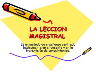LA LECCIONLA LECCION
MAGISTRALMAGISTRAL
Es un método de enseñanza centradoEs un método de enseñanza centrado
básicamente en el docente y en labásicamente en el docente y en la
transmisión de conocimientos.transmisión de conocimientos.
 