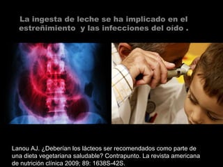 La ingesta de leche se ha implicado en el
estreñimiento y las infecciones del oído .
Lanou AJ. ¿Deberían los lácteos ser recomendados como parte de
una dieta vegetariana saludable? Contrapunto. La revista americana
de nutrición clínica 2009; 89: 1638S-42S.
 
