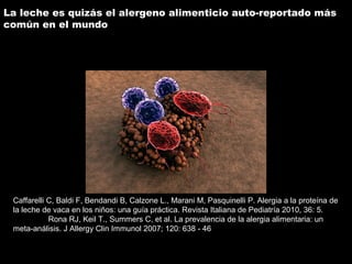La leche es quizás el alergeno alimenticio auto-reportado más
común en el mundo
Caffarelli C, Baldi F, Bendandi B, Calzone L., Marani M, Pasquinelli P. Alergia a la proteína de
la leche de vaca en los niños: una guía práctica. Revista Italiana de Pediatría 2010, 36: 5.
Rona RJ, Keil T., Summers C, et al. La prevalencia de la alergia alimentaria: un
meta-análisis. J Allergy Clin Immunol 2007; 120: 638 - 46
 
