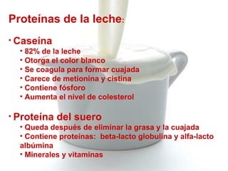 Proteínas de la leche:
• Caseína
• 82% de la leche
• Otorga el color blanco
• Se coagula para formar cuajada
• Carece de metionina y cistina
• Contiene fósforo
• Aumenta el nivel de colesterol
• Proteína del suero
• Queda después de eliminar la grasa y la cuajada
• Contiene proteínas: beta-lacto globulina y alfa-lacto
albúmina
• Minerales y vitaminas
 