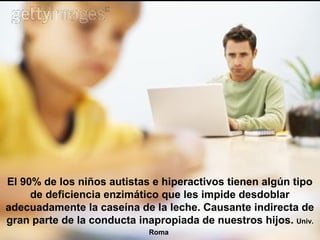El 90% de los niños autistas e hiperactivos tienen algún tipo
de deficiencia enzimático que les impide desdoblar
adecuadamente la caseína de la leche. Causante indirecta de
gran parte de la conducta inapropiada de nuestros hijos. Univ.
Roma
 