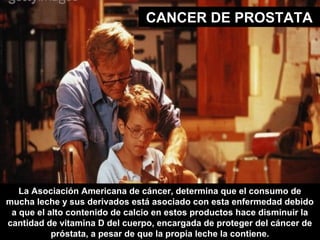 CANCER DE PROSTATA
La Asociación Americana de cáncer, determina que el consumo de
mucha leche y sus derivados está asociado con esta enfermedad debido
a que el alto contenido de calcio en estos productos hace disminuir la
cantidad de vitamina D del cuerpo, encargada de proteger del cáncer de
próstata, a pesar de que la propia leche la contiene.
 
