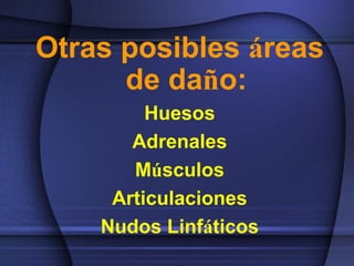 Otras posibles áreas
de daño:
Huesos
Adrenales
Músculos
Articulaciones
Nudos Linfáticos
 