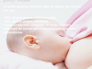 La leche materna contiene 45gr de lípidos por litro de
los que:
55%: ácidos grasos poliinsaturados
45%: ácidos grasos saturados
Tiene un elevado contenido de ácido linoleico,
precursor de prosta-glandinas y leucotrienos anti-
inflamatorios
 